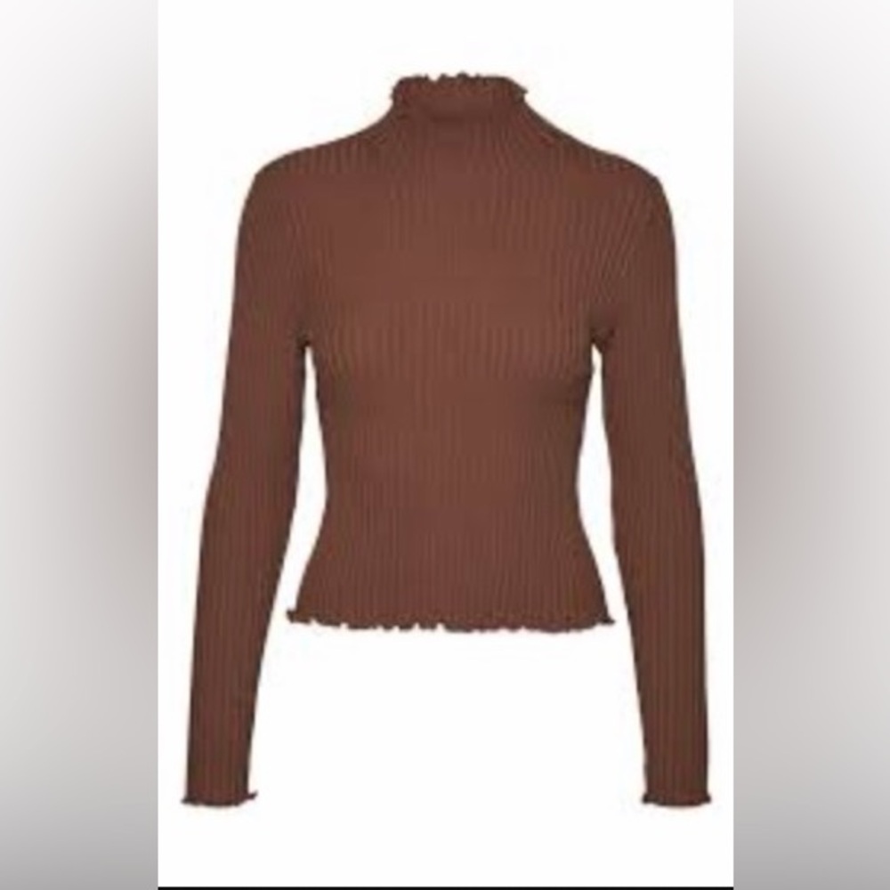 Vero Moda Brown Ribbed Lettuce Trim Long Sleeve Top Small